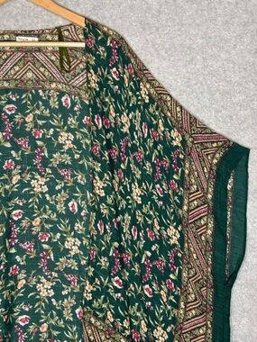 Boho Floral Print Fringe Trim Open Front Kimono Duster-Green-Women One Size